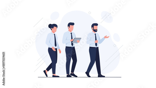 Teamwork business professionals walking, collaboration, modern office design, flat illustration