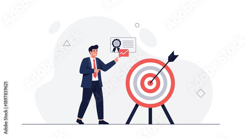 Businessman hitting target with arrow, achieving success and goals