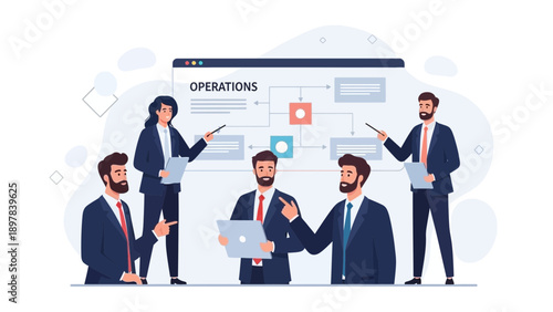 Business Team Discussing Operations Plan on Whiteboard