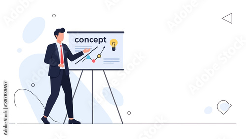 Businessman presenting new concept with graph and lightbulb on whiteboard