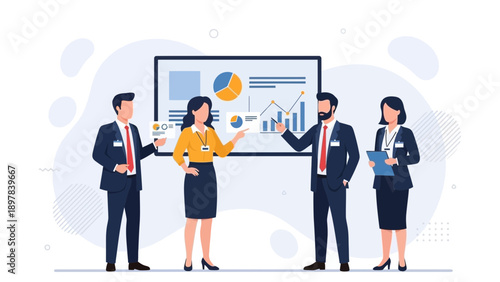Business team presenting financial report with charts on screen