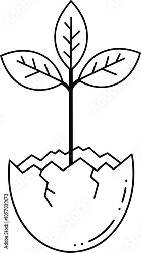 Black and white vector illustration of young plant sprouting from cracked eggshell — perfect for sustainability, growth concept, regeneration, eco design, and inspirational visuals.