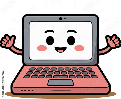 Cute kawaii laptop illustration with a happy face, rosy cheeks, and raised arms. Fun pink and grey cartoon tech character