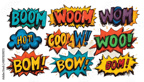Comic-Stil Onomatopoesie-Sprechblasen mit Worten wie BOOM, WOOM, HOT, COOL, WOO, BOM, BOW auf transparentem Hintergrund.