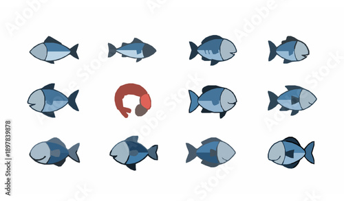 Fish flat vector illustration set with freshwater and tropical fish