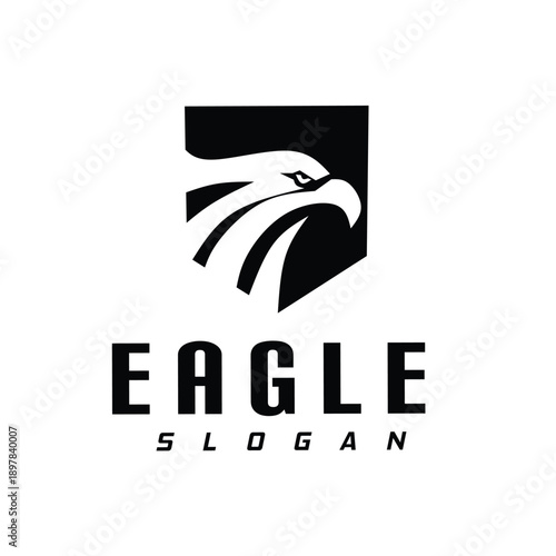 Modern eagle logo with shield shape in black and white. Strong minimal emblem ideal for corporate branding, security, sports, technology, gaming, and professional business identity