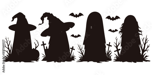 Halloween Silhouetten von Hexenhüten und Geistern mit Fledermäusen und Gräbern auf transparentem Hintergrund.