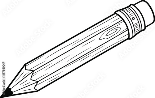 Black and white vector illustration of double-tipped pencil with wood grain texture and eraser — ideal for conceptual art, creativity themes, and minimalist design.