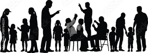 Large group of people silhouettes talking and interacting in society