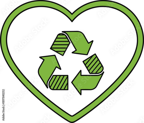 Green heart outline with recycling symbol inside — perfect for eco-friendly design, sustainability concept, environmental awareness, planet care, and conscious living illustrations.