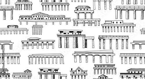 Artistic Line Art of Classic Architecture Styles in a Monochrome Pattern Design