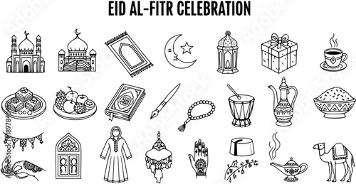 Eid al-Fitr Celebration Black and White Line Art Icons: Mosques, Food, Gifts, Camel