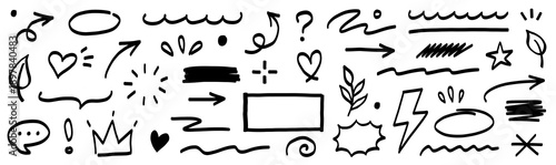 Marker line brush arrow, underline, highlight scribble set. Marker pen line brush hand drawn arrow stroke sketch element shape graphic vector. Doodle underline circle frame icons. Vector illustration