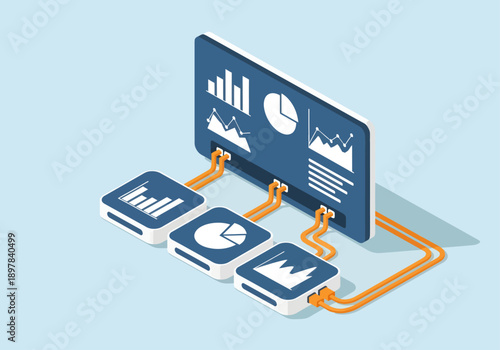 An isometric illustration depicts a main dashboard screen connected by orange cables to three smaller modules, all displaying synchronized business analytics charts