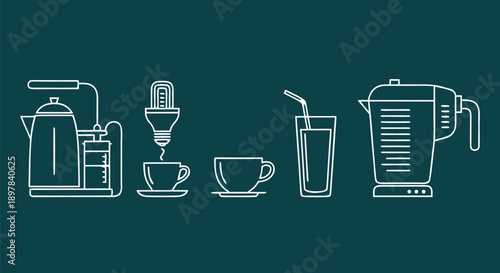 Set of vector illustrations depicting kitchen appliances and beverages, ideal for infographics and recipe design