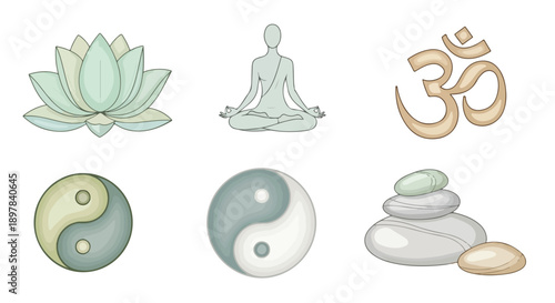 Zen Yoga Meditation Symbols Collection. Hand Drawn Pastel Icons: Lotus, Om, Yin Yang, and Stacked Stones.