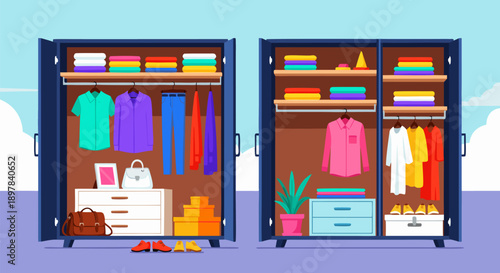 Colorful vector illustration of open wardrobes filled with clothes and accessories, organized storage