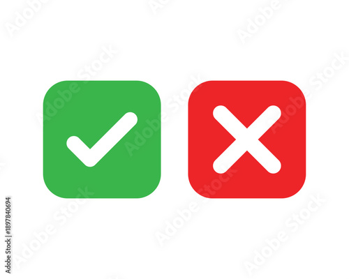 check mark icon button set. check box icon with right and wrong buttons and yes or no checkmark icons in green tick box and red cross
