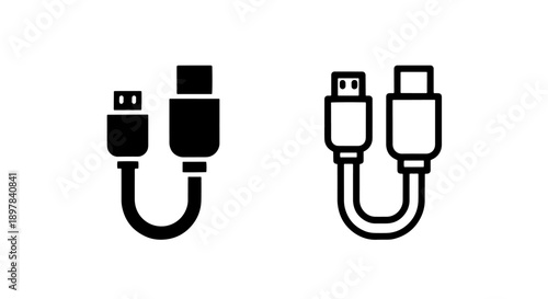 USB Type-A and Micro-B Cable Connection Plug Icon Set for Data Transfer and Device Charging
