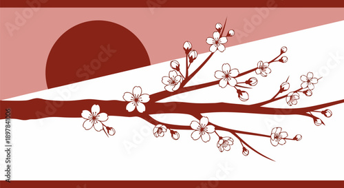 Elegant Cherry Blossom Branch Vector Illustration with Setting Sun Backdrop