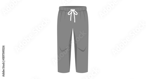 Gray drawstring pajama pants isolated on white background, featuring simple design and casual style