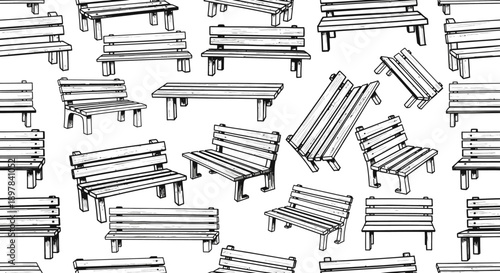 Artful Line Art of Benches, Urban Landscape, Black and White Illustration, Creative Design