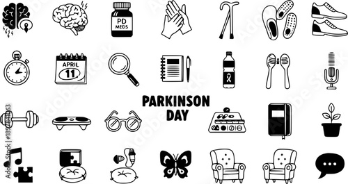 Parkinson's Day Icons Set: Brain, Pills, Cane, Shoes, Calendar, Magnifier, Book, Plant, Chair, Speech Bubble