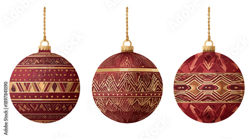 Drei rote Weihnachtskugeln mit goldenen Mustern hängen an goldenen Ketten vor transparentem Hintergrund.