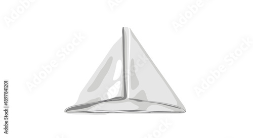 Creased white napkin folded into a triangular shape, isolated against a plain white background, showcasing elegant simplicity and texture