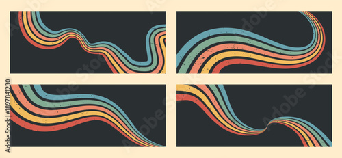 Stripe rainbow groovy. Set of Vintage inspired backgrounds with grunge texture, flowing lines, and colorful waves for graphic design. Retro vector illustration.