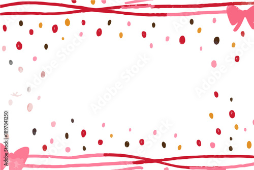 Festlicher Hintergrund mit bunten Punkten, Schleifen und roten Linien auf transparentem Hintergrund