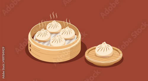 Steaming Soup Dumplings Vector Illustration in Bamboo Steamer