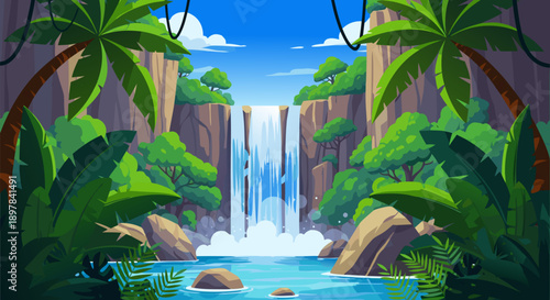 Beautiful Jungle Waterfall Scenery in Vector Illustration Style