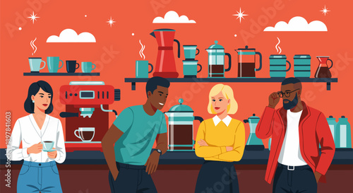 Vector illustration of a diverse group of people enjoying coffee at a cafe with a coffee machine and mugs on the shelves