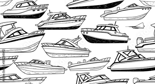 Dynamic Line Art Illustration of Various Boats in Marine Environment for Nautical Enthusiasts