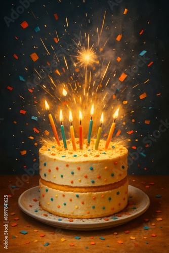 Cake Explosion A birthday cake bursts out with candles lit