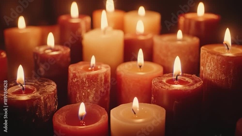 Lit candles of varying sizes, shapes, and colors, glowing and illuminating the darkness