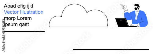 Cloud computing, technology, remote work, data storage, internet services, modern business solutions. Minimalist design with a man pointing at a cloud icon while using a laptop. Cloud computing