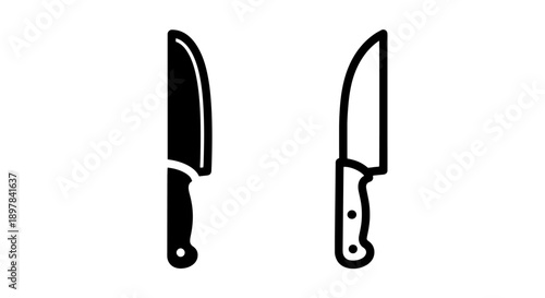 Black Knife Icon Set: Solid and Outline Kitchen Utensil Symbols for Cooking and Prep