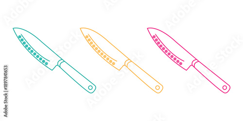 Three colorful kitchen knife outlines on white background. Minimalist vector illustration featuring three Santoku kitchen knives in outline style