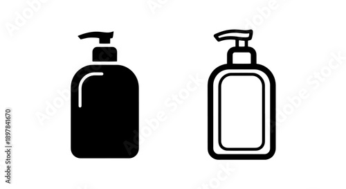 Black Pump Bottle Icons: Solid and Outline Symbols for Liquid Soap and Lotion Dispensers