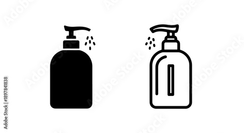 Soap Dispenser Outline and Solid Icon with Drops for Hand Washing and Hygiene