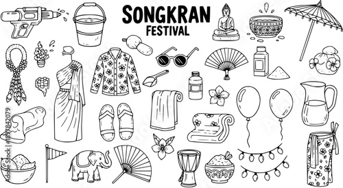 Songkran Festival black and white line art vector elements, including water guns, buckets, traditional clothing, and Thai cultural symbols.