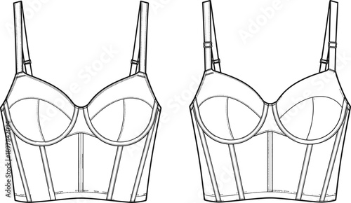 Bustier top fashion silhouette vector, structured garment illustration, apparel design outline, lingerie pattern artwork, clothing construction detail, stock vector collection