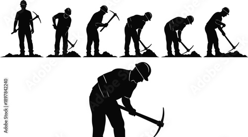 Construction worker silhouette vector set, pickaxe labor illustration, manual excavation artwork, industrial job design, mining tool icon collection, stock vector