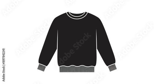 A minimalist illustration depicts a black sweater with ribbed cuffs and hem presented on a white background