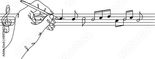 Continuous line art vector illustration, hand writing musical notes, treble clef artwork, creative music composition design, artistic drawing collection, stock vector