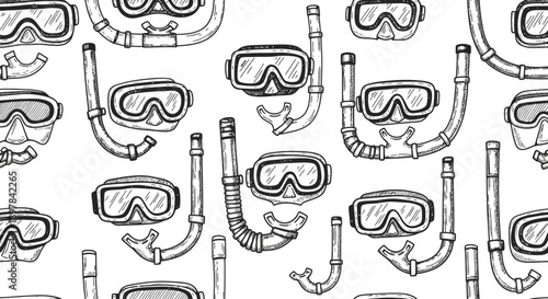 Underwater Adventure, Snorkeling Gear, Ocean Environment, Line Art Illustrations, Fun Style