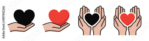 Hand holding heart symbol set vector graphic for love care and donation concepts.