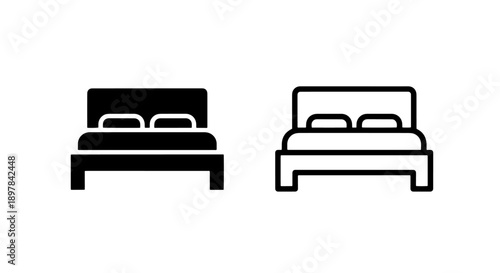 Double Bed Icon: Black Solid and Outline for Hotel Rooms, Couples, and Home Bedrooms